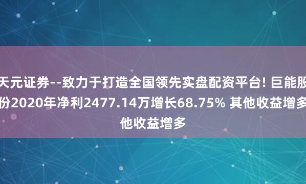 天元证券--致力于打造全国领先实盘配资平台! 巨能股份2020年净利2477.14万增长68.75% 其他收益增多
