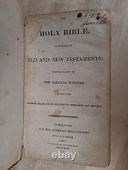 1827 HOLY BIBLE antique PRE CIVIL WAR leather AMERICAN BIBLE SOCIETY old