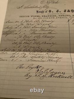 1861 Civil War Era Receipt SJ Jaques New York Wine Cigars J Sutherland Congress