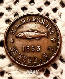 1863 CIVIL WAR TOKEN M. L. MARSHALL OSWEGO NY FISHING TACKLE and RARE COIN CH XF+
