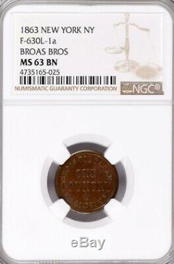 1863 Civil War Token Broas Pie Baker, NY 630M-1a MS63 BN NGC