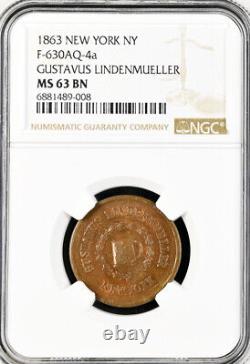 1863 Civil War Token Gustavus Lindenmueller, Beer Mug, NY MS63 NGC, 630AQ-4a