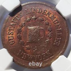 1863 Civil War Token Gustavus Lindenmueller, Beer Mug, NY MS63 NGC, 630AQ-4a