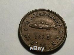 1863 Civil War Token M. L. Marshall Toys Fishing Tackle Rare Coin Oswego NY AU