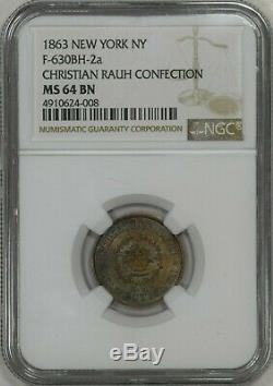 1863 Civil War Token Store Card Christian Rauh Confection NY NGC MS64BN TONED