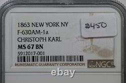 1863 F-630AM-1a NGC MS 67 BN CHRISTOPH CARL New York NY Civil War Token