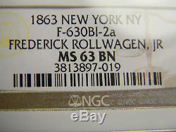 1863 Fredrick Rollwagen JR Civil War Token NGC MS 63 BN New York NY F-630b1-2a