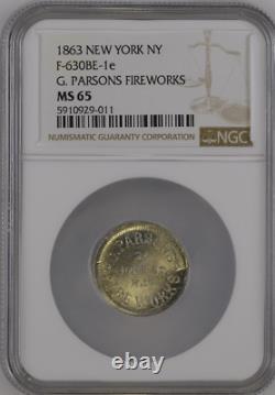 1863 G. PARSONS NY F-630BE-1e NGC MS-65 WHITE-METAL CIVIL-WAR STORE-CARD UNIQUE