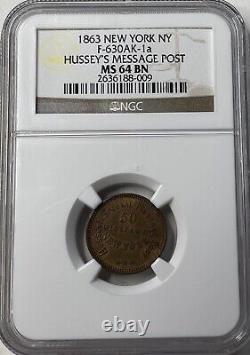 1863 New York Hussey's Post, Time is Money Civil War Token NGC MS64 BN! PQ