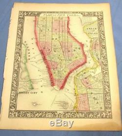 1865 Colored Map New York City, Manhattan Mitchell Atlas, Civil War Year
