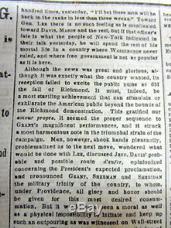 1865 NY Times newspaper CIVIL WAR ENDS w SURRENDER of LEE to GRANT at APPOMATTOX