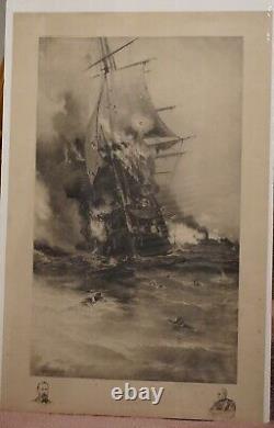 1892 Engraving USS Congress CSS Virginia Civil War Davidson Nyack NY Signed