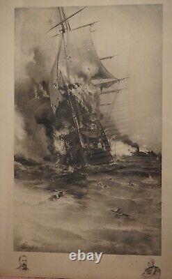 1892 Engraving USS Congress CSS Virginia Civil War Davidson Nyack NY Signed