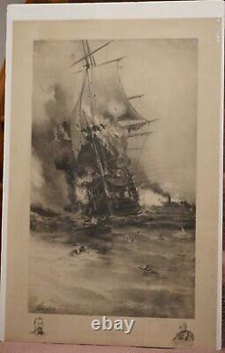 1892 Engraving USS Congress CSS Virginia Civil War Davidson Nyack NY Signed