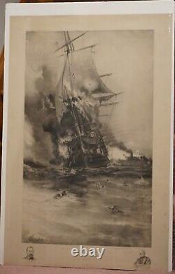 1892 USS Congress CSS Virginia 1862 Civil War Davidson Nyack NY Artist Signed