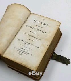 Antique 1854 Civil War Pocket Holy Bible With Buckle Leather New York, Society