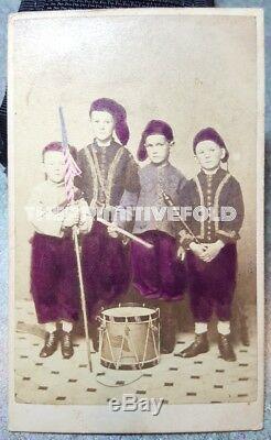 Antique CIVIL War Era Zouave Children Drum Flag Woodwind Ny Rare Fine CDV Photo