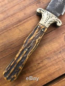 Beautiful Antique Bowie Knife Deer Stag Handle New York Wild West Civil War