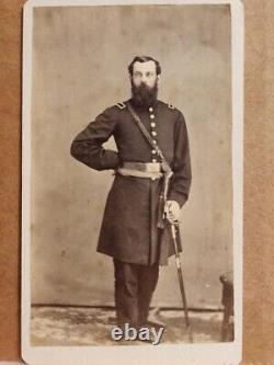 Cdv of unidentified officer with sword and unique strap, Cooperstown NY backmark