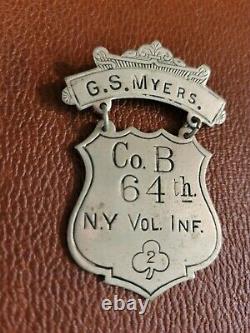 Civil War 64th NY Infantry Ladder Badge Medal Co. B 2nd Corps Named G Myers