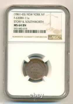 Civil War Token 1861-65 New York Story & Southworth F-630BV-11a R6 MS64 BN NGC