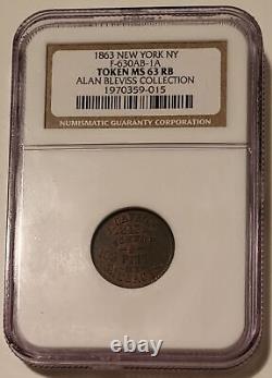 Civil War Token 1863 New York NY A Gavron F-630AB-1a R7 MS63 RB NGC Toned