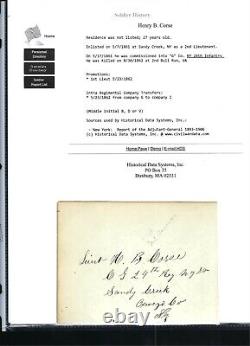 Civil War Union Lt Henry B Corse 24th NYVI KIA 2nd Bull Run Autograph