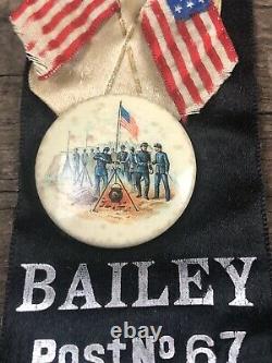 Civil War Veteran Bailey GAR Post No67 North Troy NY Memorial Ribbon Medal Badge