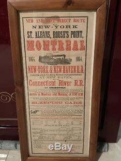 Exceptionally Rare Civil War Broadside Train Railroad New York To Montreal