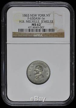 Fuld 630AW-1e W-MH. B. Melville Jeweler New York NGC MS-62 R-9 Civil War Token