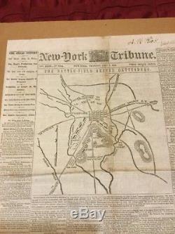 Gettysburg Civil War FRONT PAGE MAP 1863 New York Tribune Newspaper