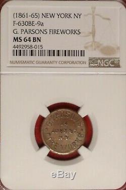 NEW YORK CITY CIVIL WAR STORE CARD PARSONS FIREWORKS NY-630BE-9a R8 NGC MS64 UNC
