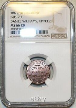NGC MS-66 RB Daniel Williams Grocer Civil War Token, NY-95F-1a, R-5, Top Pop 1/1