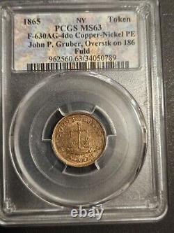 New York City Civil War Token John P Gruber Struck Over 1863 Cent PCGS MS63