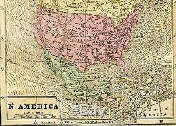 Original 1857 Pre-Civil War Hand-Colored Map NORTH AMERICA US United States USA