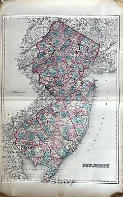 Original CIVIL War Reconstruction Era Colton's Atlas Color Map New Jersey 1868