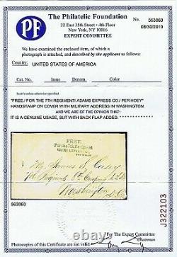 Stampless CIVIL War Adams Express Free For 7th Reg Per Hoey 1861, Rare Pf Cert