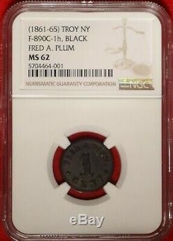 Troy New York Civil War Store Card Token NY 890C-1h Black Rubber NGC MS62 Plum